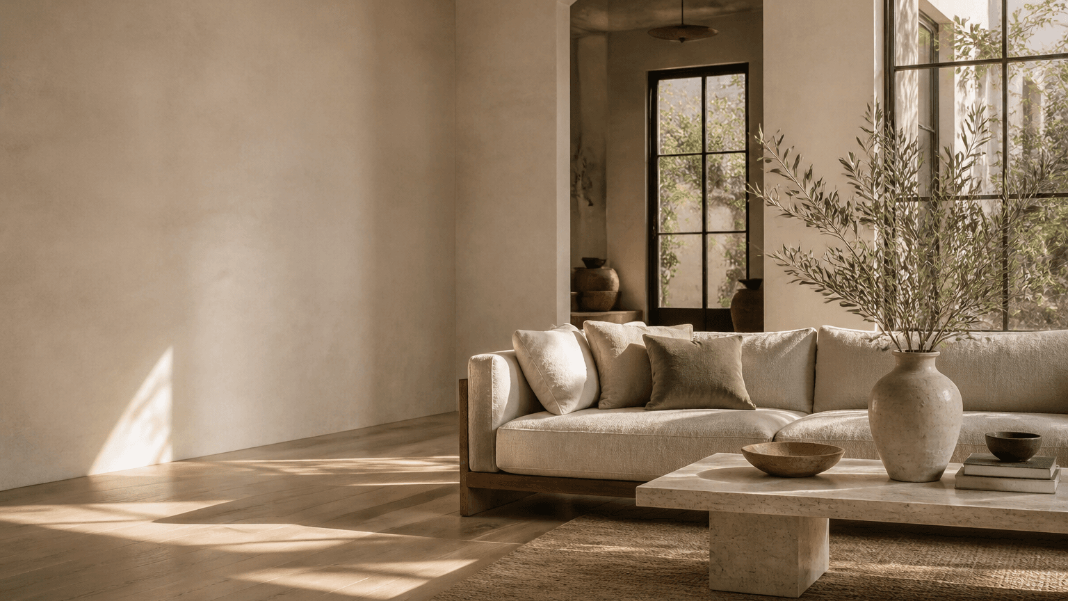 Sunlit Los Angeles living room with oak floors, lime plaster walls, linen seating, and aged brass details